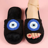 Xituodai Datuart Autumn Women Plush Slippers Blue Evil Eyes Curly Slippers Couple Open Toe Home Cotton Shoes Flat Bedroom Warm Flannel Slippers