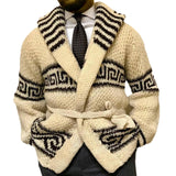 Xituodai Autumn Winter Men Thicken Jacquard Knitted Cardigan Coat Vintage Turndown Collar With Waistband Thick Needle Sweater Streetwear