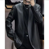 Xituodai Vintage Mirad Leather Jacket For Men Collarless Long Sleeved Cardigan Fashion Trendy Fur Tops Coat Oversize Handsome Streetwear