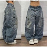 Xituodai Street Vintage Jeans New Y2K Harajuku Wash blue Multiple pockets Baggy Jeans Denim Pants Mens Womens High Waist Wide Trousers