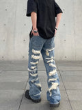 Xituodai Men's American Vintage Distressed Jeans High Street Straight Tube Loose Fitting Pants Ripped Denim Trendy Y2k