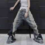 Xituodai Gradient Blue Horn Stacked Floor Dragging Jeans Unisex Streetwear Baggy Y2K Ribbons Zipper Denim Trousers Oversized