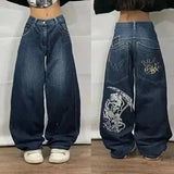 Xituodai 2025 New American Harajuku Vintage Straight High Waist Y2K Women Washed Blue Pocket Baggy Jeans Street Style Gothic Wide Pants