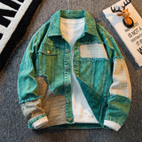 Xituodai High Street Green Denim Patchwork Jacket For Men Autumn Long sleeve Coat New Fashion Retro Casual Loose Jeans Tops Clothing