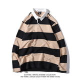 rugby shirt outfit Japanese Style Large Striped Long-Sleeved T-shirt Polo Shirt Retro Loose Men's and Women's Couple's Bottoming Shirt Ins Preppy Style Top