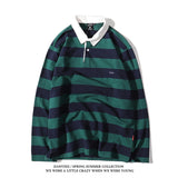 rugby shirt outfit Japanese Style Large Striped Long-Sleeved T-shirt Polo Shirt Retro Loose Men's and Women's Couple's Bottoming Shirt Ins Preppy Style Top