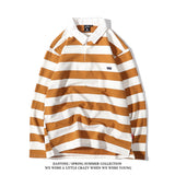 Xituodai rugby shirt outfit Japanese Style Large Striped Long-Sleeved T-shirt Polo Shirt Retro Loose Men's and Women's Couple's Bottoming Shirt Ins Preppy Style Top