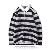 rugby shirt outfit Japanese Style Large Striped Long-Sleeved T-shirt Polo Shirt Retro Loose Men's and Women's Couple's Bottoming Shirt Ins Preppy Style Top