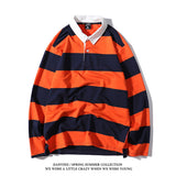 rugby shirt outfit Japanese Style Large Striped Long-Sleeved T-shirt Polo Shirt Retro Loose Men's and Women's Couple's Bottoming Shirt Ins Preppy Style Top