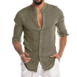 Xituodai Men's Casual Linen Shirt Band Collar Long Sleeve Button Down Shirt