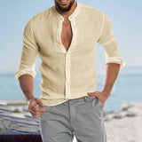 Xituodai Men's Casual Linen Shirt Band Collar Long Sleeve Button Down Shirt