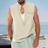 Xituodai Men's Linen Vest Stand Collar Loose Sleeveless Vest Casual Shirt