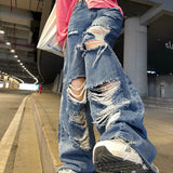 Xituodai Men's American Vintage Distressed Jeans High Street Straight Tube Loose Fitting Pants Ripped Denim Trendy Y2k