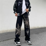 Xituodai American Street Black Loose Straight Spider Web Embroidered Jeans Hip Hop Wide Leg Pants Men Clothing  Cargo Pants Y2k Pants