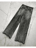 Xituodai Y2k Fashion New American Tassel Black And Gray Washed Jeans Men Street Gothic Punk Style Teenagers Retro Loose Wide-leg Pants