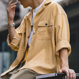 Xituodai 90s fashion men Marden Workwear Vintage Goose Yellow Striped Cuban Collar Shirt Ameikaji Vintage Long-Sleeved Shirt Men's Fashion