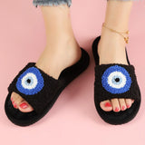 Xituodai Datuart Autumn Women Plush Slippers Blue Evil Eyes Curly Slippers Couple Open Toe Home Cotton Shoes Flat Bedroom Warm Flannel Slippers