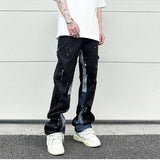 Xituodai Color Match Spliced Speckled Ink Vibe Style Micro Flare Jeans Pants for Men Y2K Cleanfit Casual Washed Baggy Denim Trousers