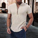 Xituodai Men's Solid Cotton Linen Henley Collar Casual Slim Fit Stretch T-Shirt