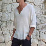 Xituodai Men's V-neck Linen Long Sleeve Shirt