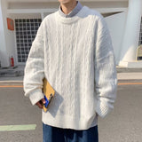 Xituodai Pullover sweater men autumn winter pure color simple retro crewneck sweater lazy wind twist thread coat