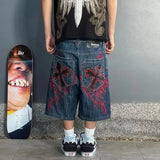 Xituodai Streetwear Fashion Casual New Harajuku Vintage Oversized Embroidered Baggy Denim Shorts Men Y2K Gothic Rock Short Jeans Trousers