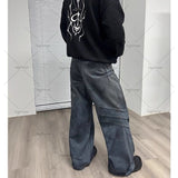 Xituodai Gothic Punk Style Scratched Washed Baggy Jeans Men Y2K Harajuku Retro Loose Casual Straight Pants High Street Fashion Streetwear