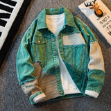 Xituodai High Street Green Denim Patchwork Jacket For Men Autumn Long sleeve Coat New Fashion Retro Casual Loose Jeans Tops Clothing