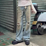 Xituodai Y2k Yellow Mud Dyed Hole Baggy Jeans Pants Unisex Streetwear Pantalones Hombre Casual Frayed Ripped Denim Trousers Oversized