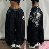 Xituodai 90s Streetwear Street Fashion New Oversized Skull Print Baggy Jeans Women Y2K Harajuku Vintage Gothic High Waist Casual Wide-leg Pants Trousers