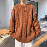 Xituodai Pullover sweater men autumn winter pure color simple retro crewneck sweater lazy wind twist thread coat