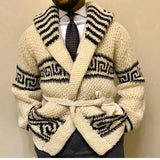 Xituodai Autumn Winter Men Thicken Jacquard Knitted Cardigan Coat Vintage Turndown Collar With Waistband Thick Needle Sweater Streetwear