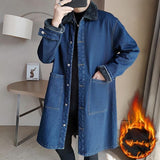 Xituodai Vintage Denim Trench Coat Men Medium Long Styles Loose Tops Windbreaker Autumn Winter With Plush Thickening Overcoat Jacket