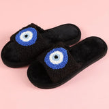 Xituodai Datuart Autumn Women Plush Slippers Blue Evil Eyes Curly Slippers Couple Open Toe Home Cotton Shoes Flat Bedroom Warm Flannel Slippers