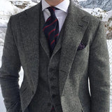 Xituodai Gray Wool Tweed Winter Men Suit's For Wedding Formal Groom Tuxedo Herringbone Male Fashion 3 Piece Suit (Jacket + Vest + Pants)