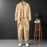 Xituodai Men's Jumpsuit Long Sleeve Lapel Beam Feet Cotton Overalls Hip Hop Streetwear Loose Cargo Pants Green Black Freight Trousers