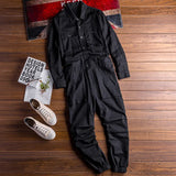 Xituodai Men's Jumpsuit Long Sleeve Lapel Beam Feet Cotton Overalls Hip Hop Streetwear Loose Cargo Pants Green Black Freight Trousers