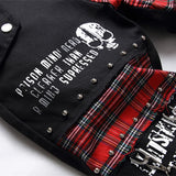 Xituodai Men's Scotland Red Plaid Tartan Patchwork Jeans Punk Rivet Patch Black Denim Pants Skull Letters Printed Slim Straight Trousers