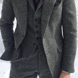 Xituodai Gray Wool Tweed Winter Men Suit's For Wedding Formal Groom Tuxedo Herringbone Male Fashion 3 Piece Suit (Jacket + Vest + Pants)