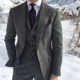 Xituodai Gray Wool Tweed Winter Men Suit's For Wedding Formal Groom Tuxedo Herringbone Male Fashion 3 Piece Suit (Jacket + Vest + Pants)