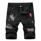 Xituodai Men's Letters Printed Embroidery Denim Shorts Summer Holes Ripped Jeans Slim Stretch Breeches Black White