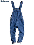 Xituodai  Men's Stripe Printed Blue Denim Bib Overalls Suspenders Jumpsuits Coveralls Youth Jeans