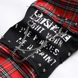 Xituodai Men's Scotland Red Plaid Tartan Patchwork Jeans Punk Rivet Patch Black Denim Pants Skull Letters Printed Slim Straight Trousers