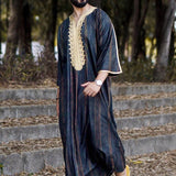 Xituodai -Arabic robe embroidered striped mid-length sleeve muslim men's robe