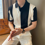 mens outfits Korean Style Summer Ice Silk Short Sleeve Gradient Color Matching Men's Polo Shirt Casual Striped Contrast Color Lapel Trendy Breathable Knitted