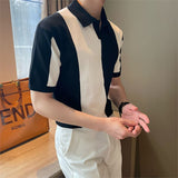 mens outfits Korean Style Summer Ice Silk Short Sleeve Gradient Color Matching Men's Polo Shirt Casual Striped Contrast Color Lapel Trendy Breathable Knitted