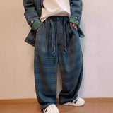 90s fashion Autumn New Loose Couple's Retro Green Plaid Wide-Leg Pants Men's Casual Lazy Straight Casual Pants Fashion