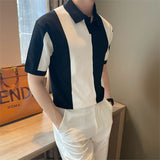 mens outfits Korean Style Summer Ice Silk Short Sleeve Gradient Color Matching Men's Polo Shirt Casual Striped Contrast Color Lapel Trendy Breathable Knitted