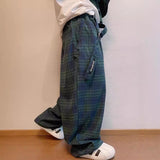 90s fashion Autumn New Loose Couple's Retro Green Plaid Wide-Leg Pants Men's Casual Lazy Straight Casual Pants Fashion