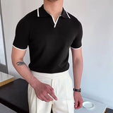 masculine men Casual Lapel Polo Shirt Men's Business All-Match Slim Fit Micro Elastic T-shirt Summer Breathable Fashion Knitted Non-Ironing Short Sleeve